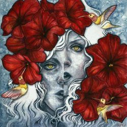 A woman is torn asunder in this emotive watercolor painting by Kelly McKernan. The bright red flowers and hummingbirds belie this woman's angst.