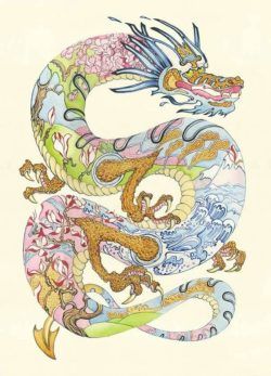 An Asian dragon holds its surroundings within it in the form of Japanese and Chinese ocean and forest designs.