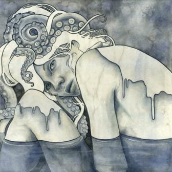 An octopus is tangled in the hair of this girl who belongs to the ocean Gods in this watercolor painting by Kelly McKernan