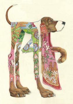 Daniel Mackie paints a domestic scene within this hound's body, showing that it a beloved pet rather than a wild beastie