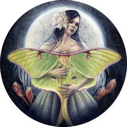 Kelly McKernan paints a watercolor women in this fantasy scene with a moth and the moon