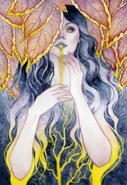 Liquid gold spills from the mouth of a mysterious maiden in this fantasy watercolor painting by Kelly McKernan