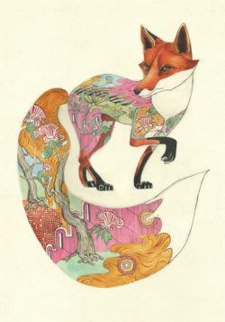 This fox's tail has been enlarged to create an interesting proprtion in this watercolor painting by Daniel Mackie.
