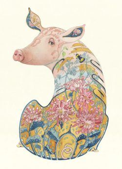 This painted pig by Daniel Mackie has a swampy pond and flowers drawn inside her instead of around her