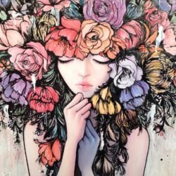 A vulnerable young woman poses with a headpiece of flowers in this mixed media painting by Stella Im Hultberg
