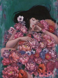 Artist Stella Im Hultberg has painted a pretty girl sleeping beneath a cover of beautiful flowers.