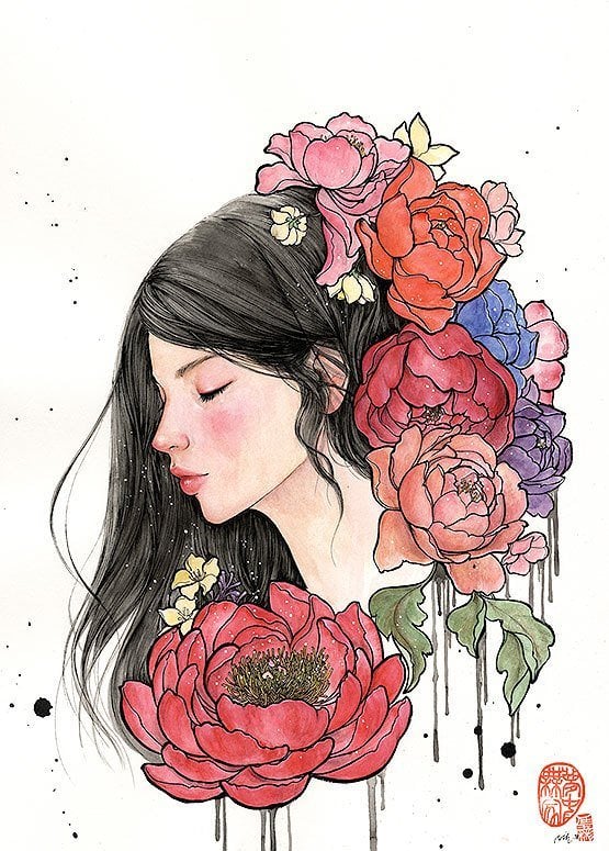 Colorful peony flowers surround this beautiful young woman in this mixed media painting by Stella Im Hultberg