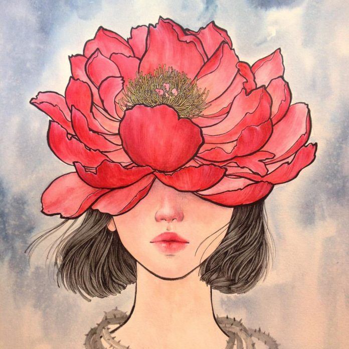 Stella Im Hultberg has used a massive peony bloom as part of this woman's head in this painting called Flowerhead