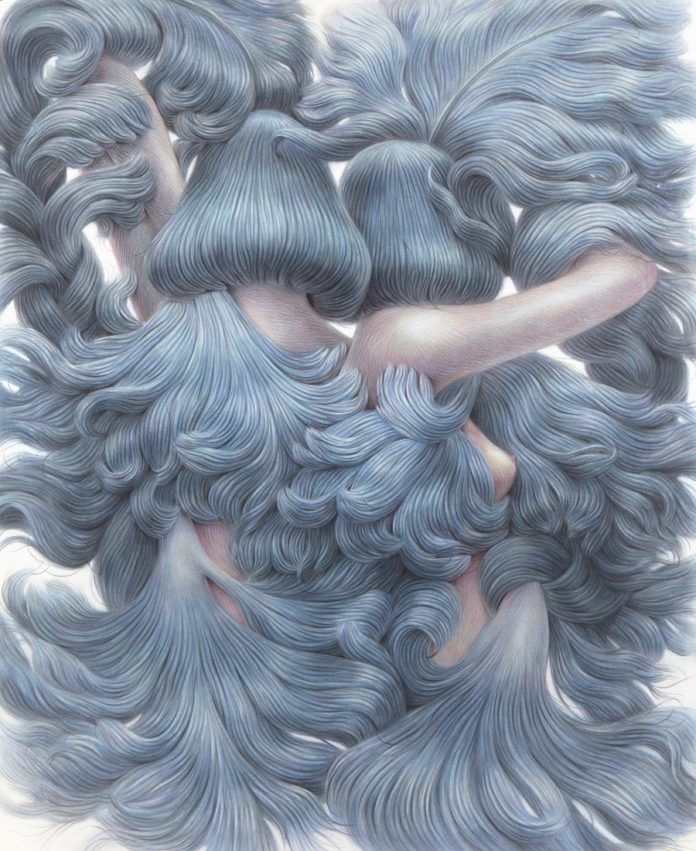 Two blue haired beauties turn their faces away from the viewer in this pencil drawing by Winnie Truong