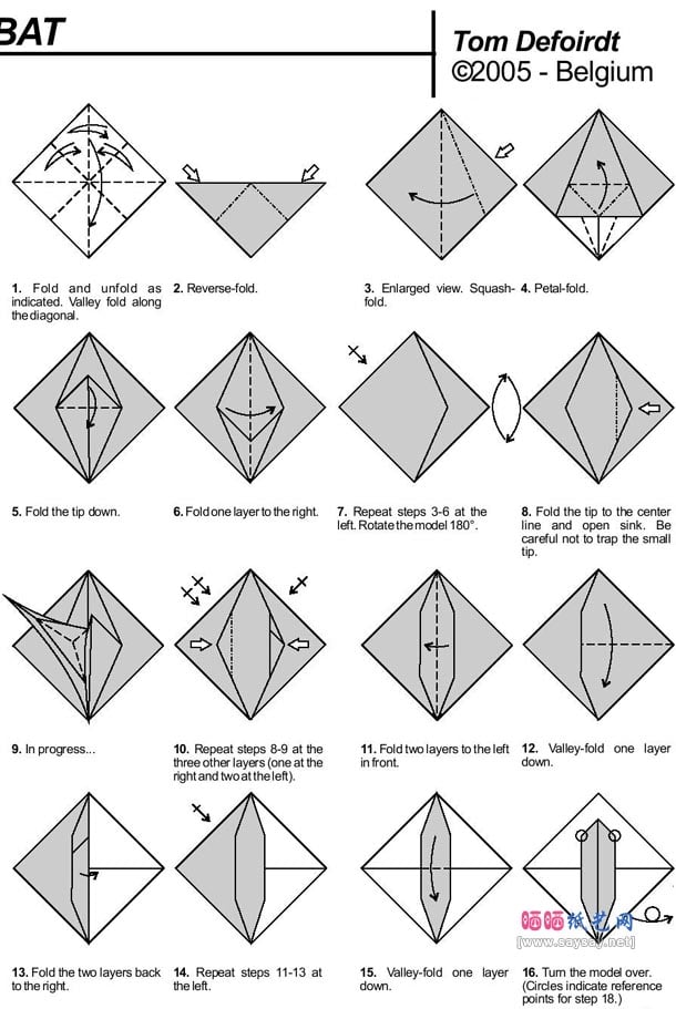 Page 1 of the paper folding tutorial for a sitting origami bat that is a funny and freaky halloween decoration