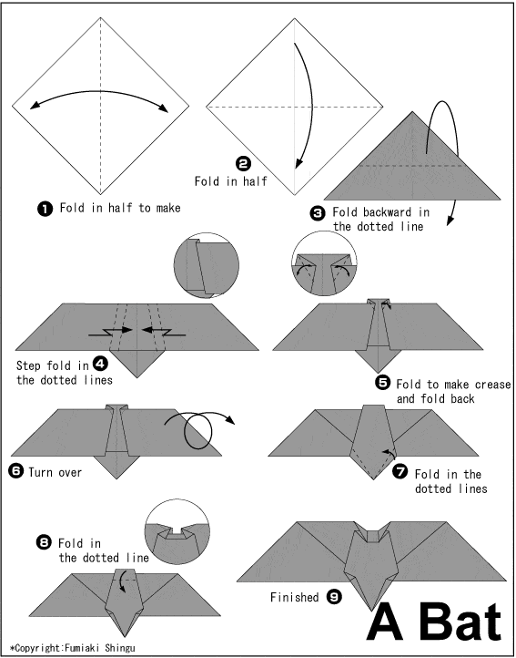 origami folding instructions for how to make a super easy bat decoration for halloween