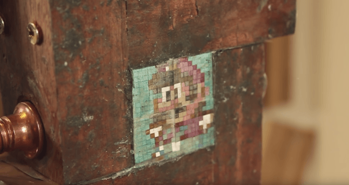 Here's the block of wood made out of one hundred tiny pixels that form the famous Nintendo game character Mario