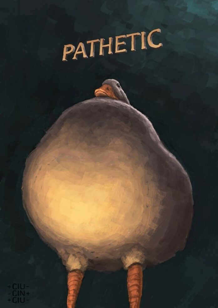 A judgemental goose judges the viewer as being pathetic in this brilliant Photoshop meme art work by Simion Tiberius