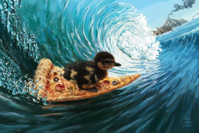 A tiny duckling surfs a wave on a slice of pizza in this surrealist meme art by Simion Tiberius